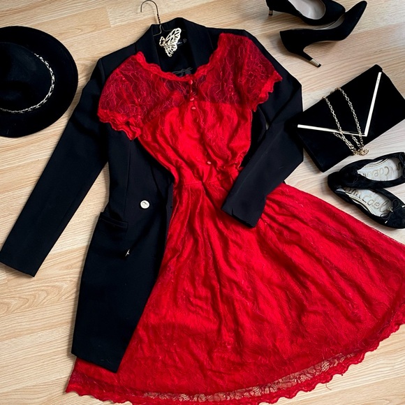 Dresses & Skirts - Red Lace Midi Dress - Elegant Evening Vintage Style